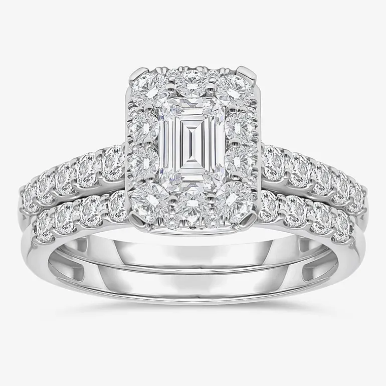 (I / I1) Womens 2 CT. T.W. Lab Grown White Diamond 10K Gold Side Stone Halo Bridal Set