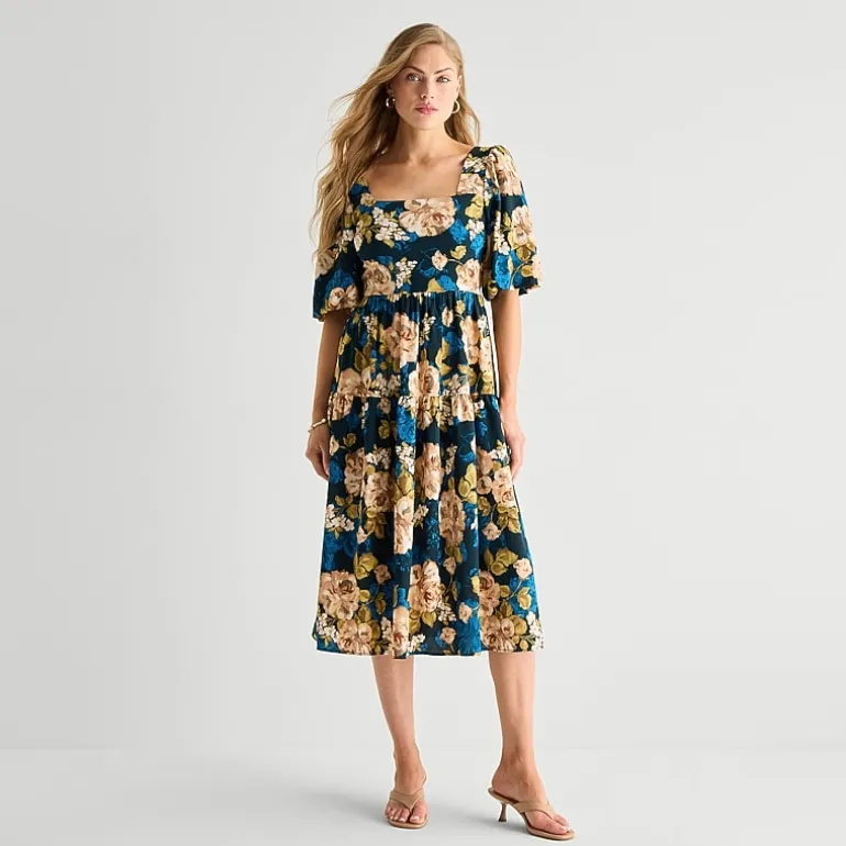 Isabel & Nina Womens Midi Round Neck Short Sleeve Floral Shift Dress