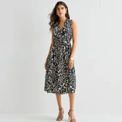 Isabel & Nina Womens Midi V Neck Sleeveless Leaf Fit + Flare Dress