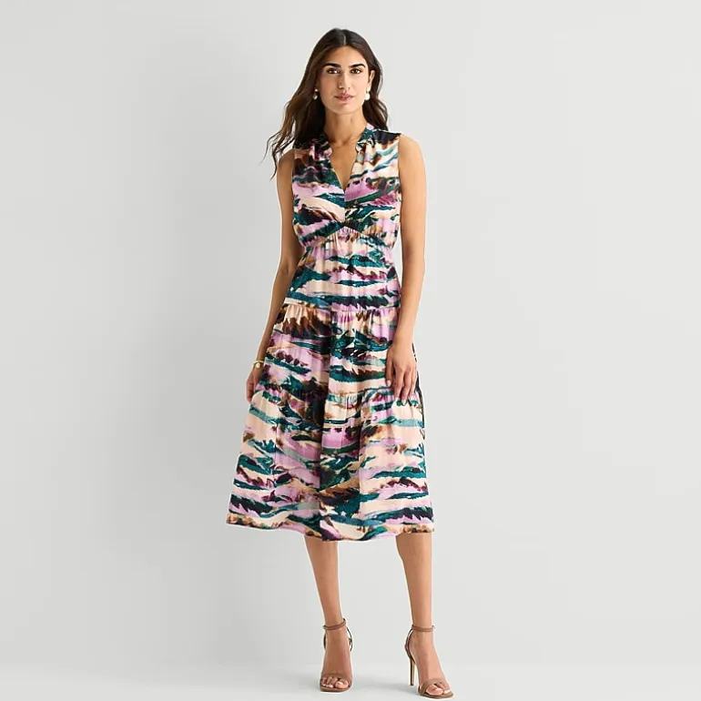 Isabel & Nina Womens Midi V Neck Sleeveless Abstract Fit + Flare Dress