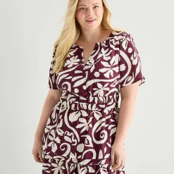 Isabel & Nina Womens Plus Midi Notch Neck Short Sleeve Flutter Abstract Fit + Flare Dress