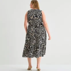 Isabel & Nina Womens Plus Midi V Neck Sleeveless Leaf Fit + Flare Dress