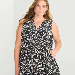 Isabel & Nina Womens Plus Midi V Neck Sleeveless Leaf Fit + Flare Dress