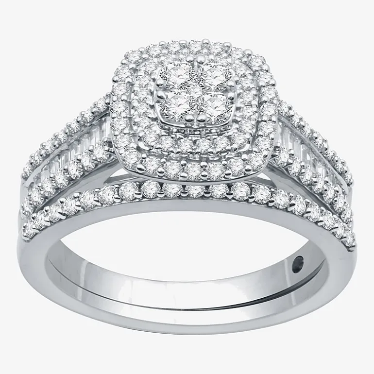 I Said Yes (H-I / I1) 1 CT.T.W. Lab-Grown Diamond Cushion Side Stone Halo Bridal Set in Sterling Silver