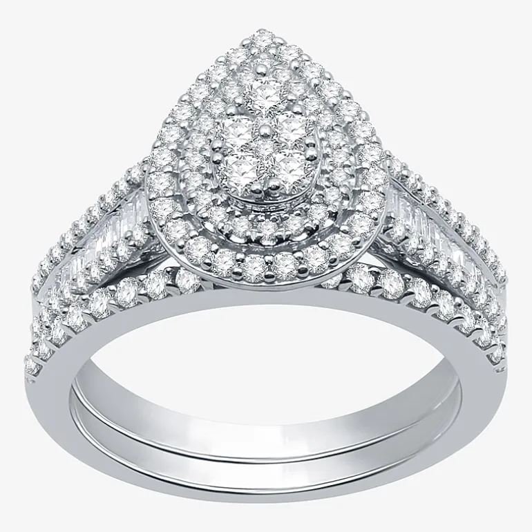 I Said Yes (H-I / I1) Womens 1 CT. T.W. Lab Grown White Diamond Sterling Silver or 14K Gold Over Silver Pear Side Stone Halo Bridal Set