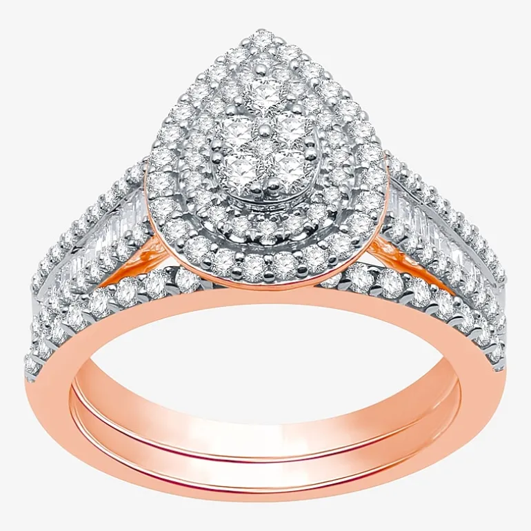 I Said Yes (H-I / I1) Womens 1 CT. T.W. Lab Grown White Diamond Sterling Silver or 14K Gold Over Silver Pear Side Stone Halo Bridal Set