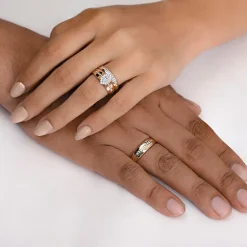 (I / Si1) 3PC Trio Set Featuring 1/2 CT. T.W. Lab Grown White Diamond 10K Two Tone Gold Marquise Side Stone Wedding Bridal Set
