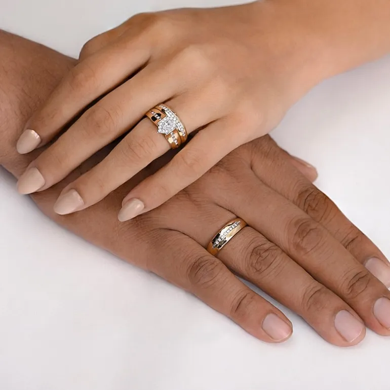 (I / Si1) 3PC Trio Set Featuring 1/2 CT. T.W. Lab Grown White Diamond 10K Two Tone Gold Marquise Side Stone Wedding Bridal Set