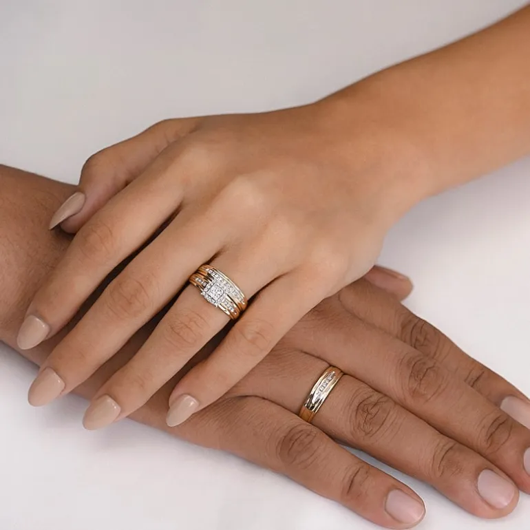 (I / Si1) 3PC Trio Set Featuring 1/2 CT. T.W. Lab Grown White Diamond 10K Two Tone Gold Side Stone Wedding Bridal Set