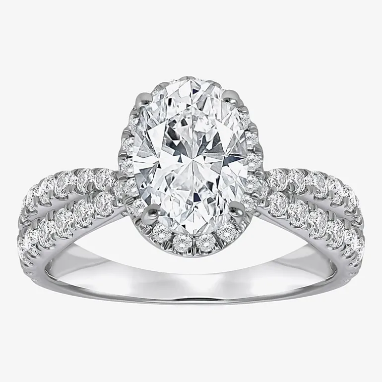 (I / Si2) Womens 2 1/2 CT. T.W. Lab Grown White Diamond Sterling Silver Oval Side Stone Halo Engagement Ring