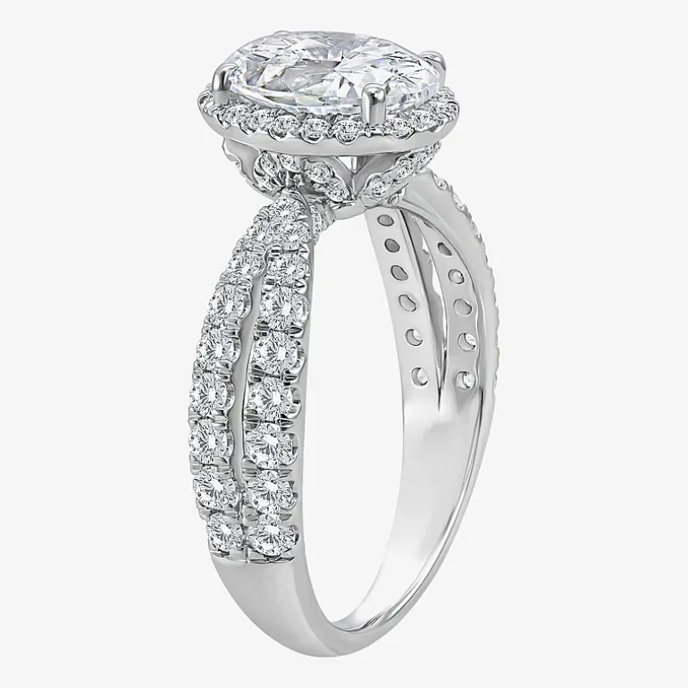 (I / Si2) Womens 2 1/2 CT. T.W. Lab Grown White Diamond Sterling Silver Oval Side Stone Halo Engagement Ring