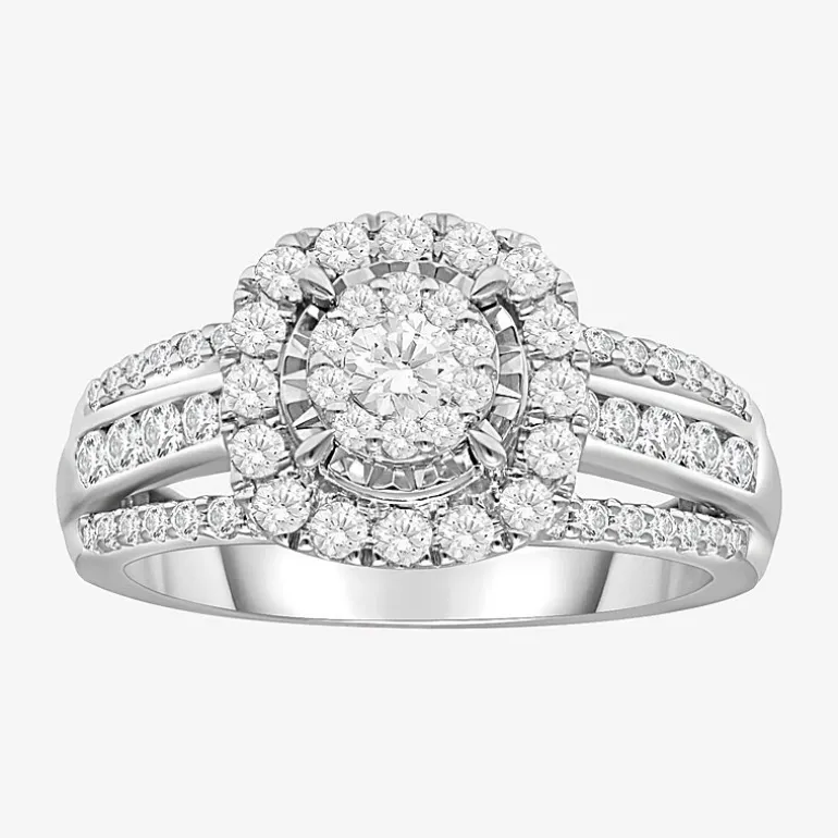 (I / SI2) Womens 1 CT. T.W. Lab Grown White Diamond 10K or 14K White Gold Cushion Side Stone Halo Engagement Ring