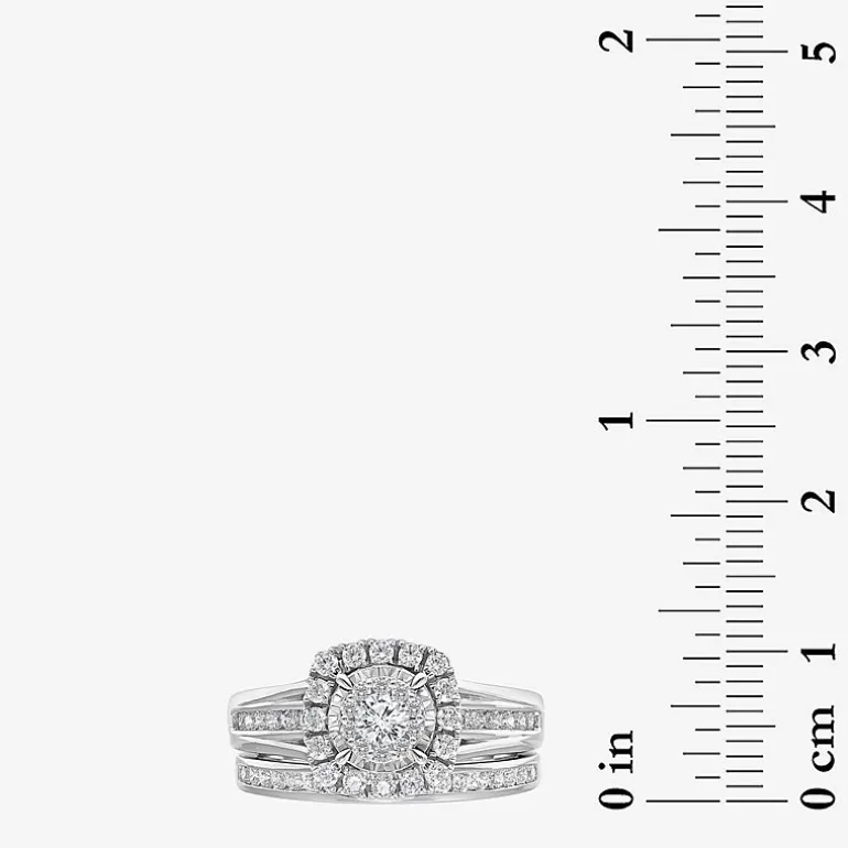 (I / SI2) Womens 1 CT. T.W. Lab Grown White Diamond 10K or 14K Gold Cushion Side Stone Halo Bridal Set
