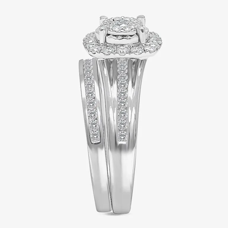 (I / SI2) Womens 1 CT. T.W. Lab Grown White Diamond 10K or 14K Gold Cushion Side Stone Halo Bridal Set