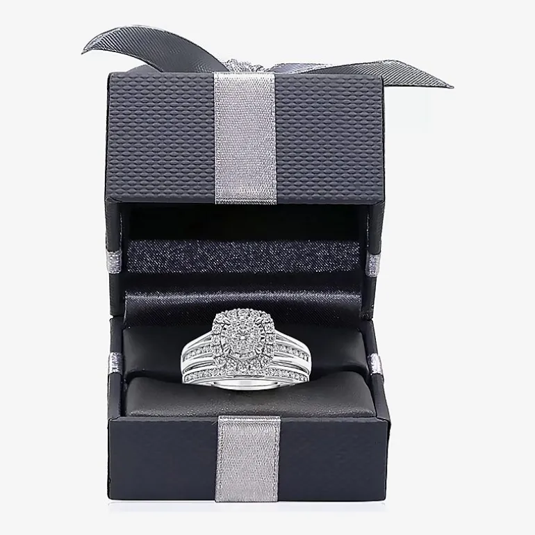 (I / SI2) Womens 1 CT. T.W. Lab Grown White Diamond 10K or 14K Gold Cushion Side Stone Halo Bridal Set