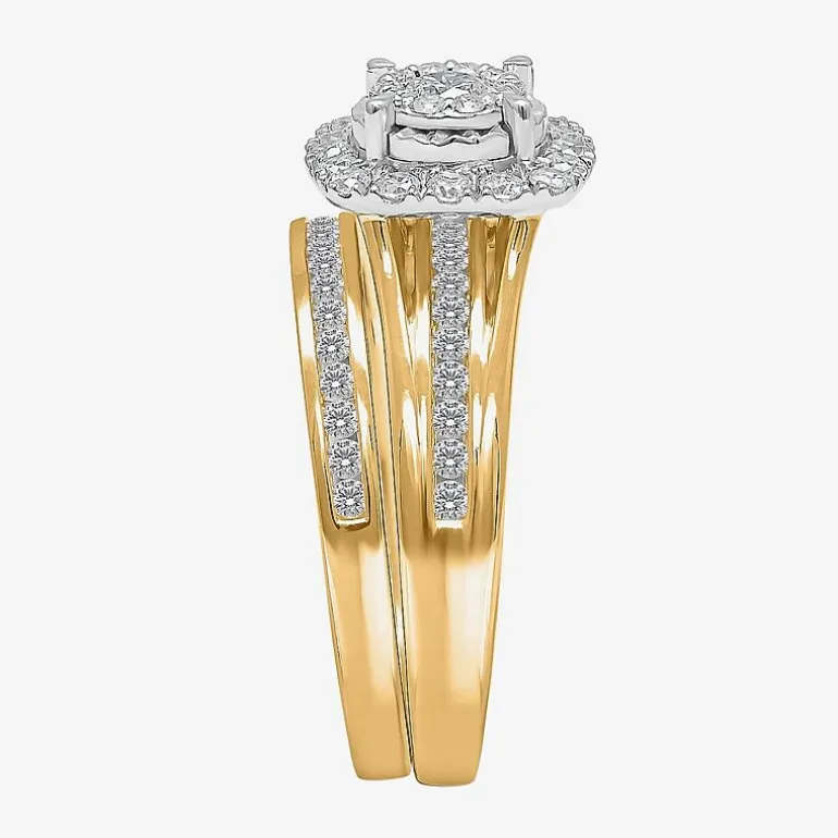 (I / SI2) Womens 1 CT. T.W. Lab Grown White Diamond 10K or 14K Gold Cushion Side Stone Halo Bridal Set