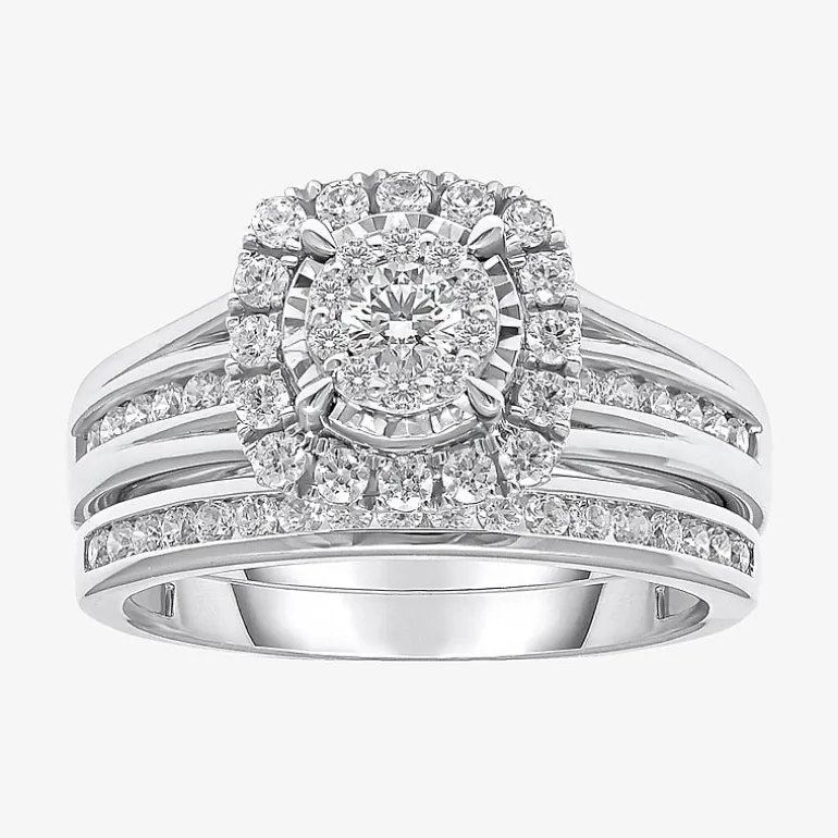 (I / SI2) Womens 1 CT. T.W. Lab Grown White Diamond 10K or 14K Gold Cushion Side Stone Halo Bridal Set
