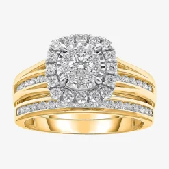 (I / SI2) Womens 1 CT. T.W. Lab Grown White Diamond 10K or 14K Gold Cushion Side Stone Halo Bridal Set