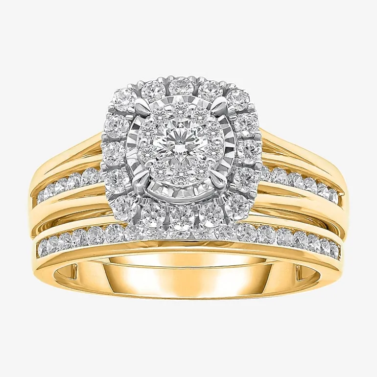 (I / SI2) Womens 1 CT. T.W. Lab Grown White Diamond 10K or 14K Gold Cushion Side Stone Halo Bridal Set