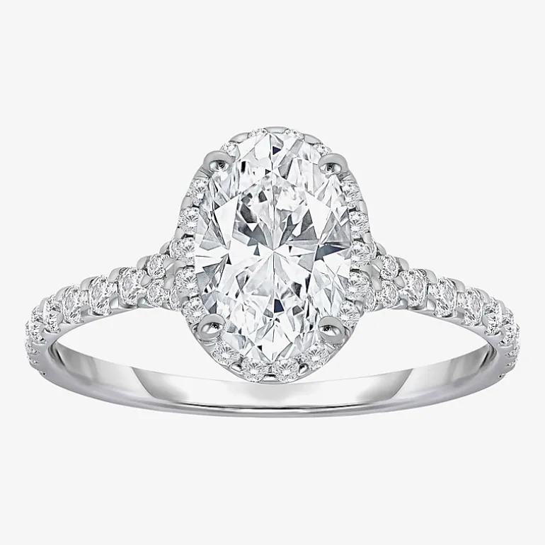 (I / Si2) Womens 2 1/2 CT. T.W. Lab Grown White Diamond Sterling Silver Oval Side Stone Halo Engagement Ring
