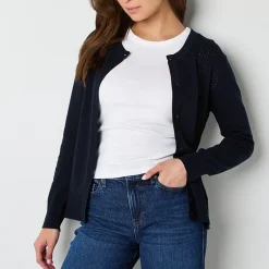 IZOD Womens Long Sleeve Button Juniors Cardigan