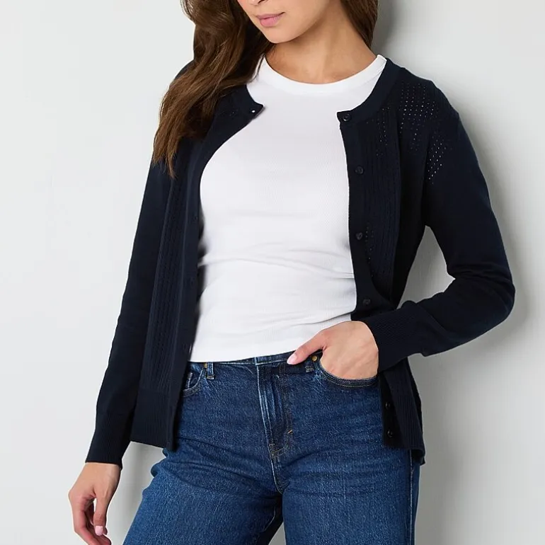 IZOD Womens Long Sleeve Button Juniors Cardigan