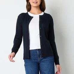 IZOD Womens Long Sleeve Button Juniors Cardigan