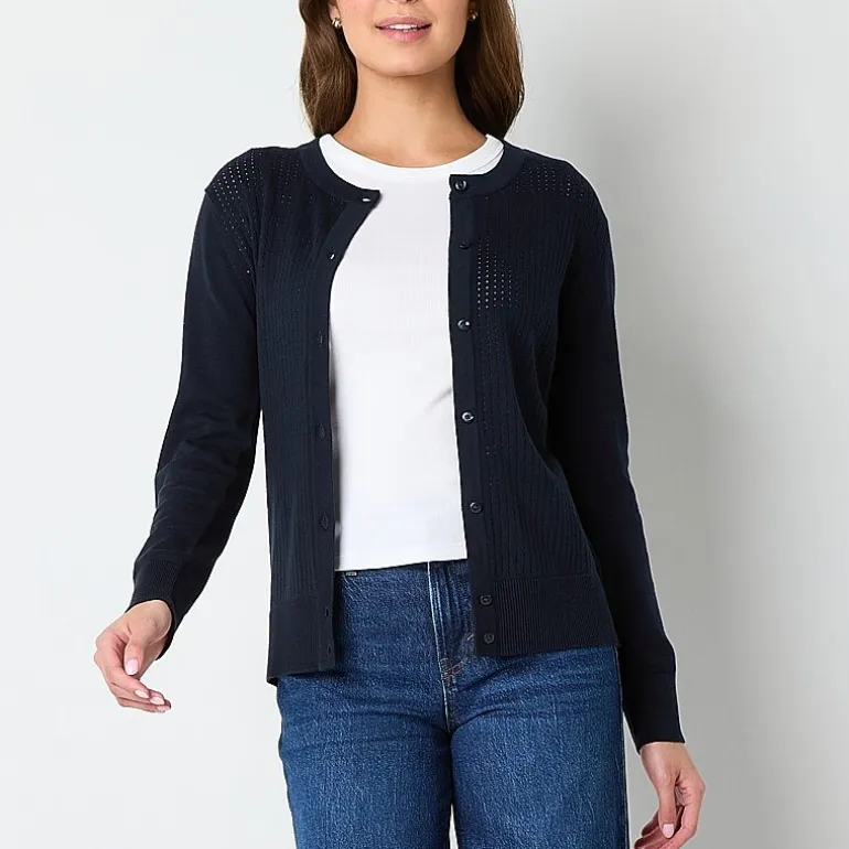 IZOD Womens Long Sleeve Button Juniors Cardigan