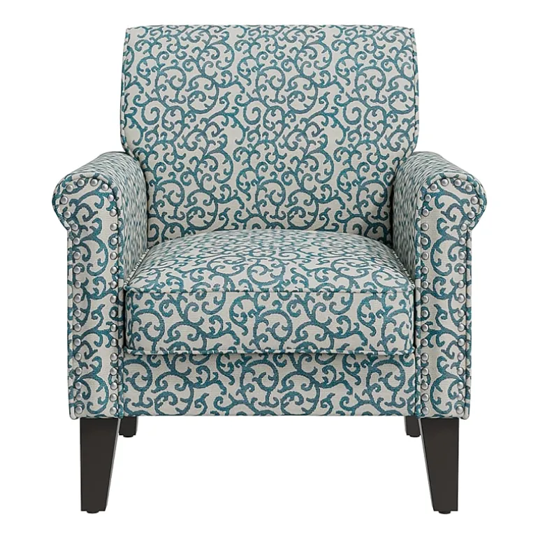 Jean Traditional Rolled Arm Accent Chair with Pewter Nailheads in Curly Vine Pattern