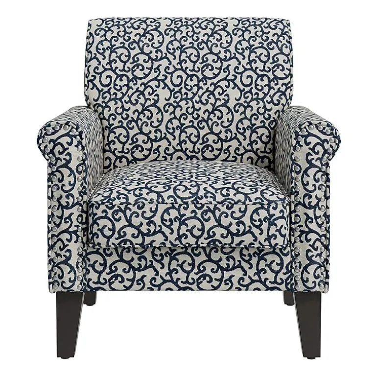 Jean Traditional Rolled Arm Accent Chair with Pewter Nailheads in Curly Vine Pattern