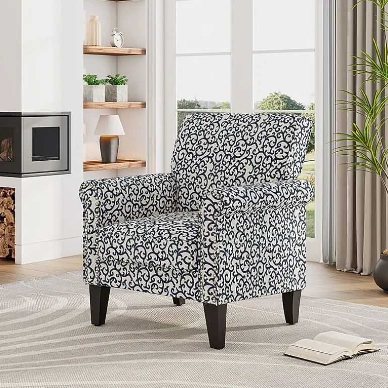 Jean Traditional Rolled Arm Accent Chair with Pewter Nailheads in Curly Vine Pattern