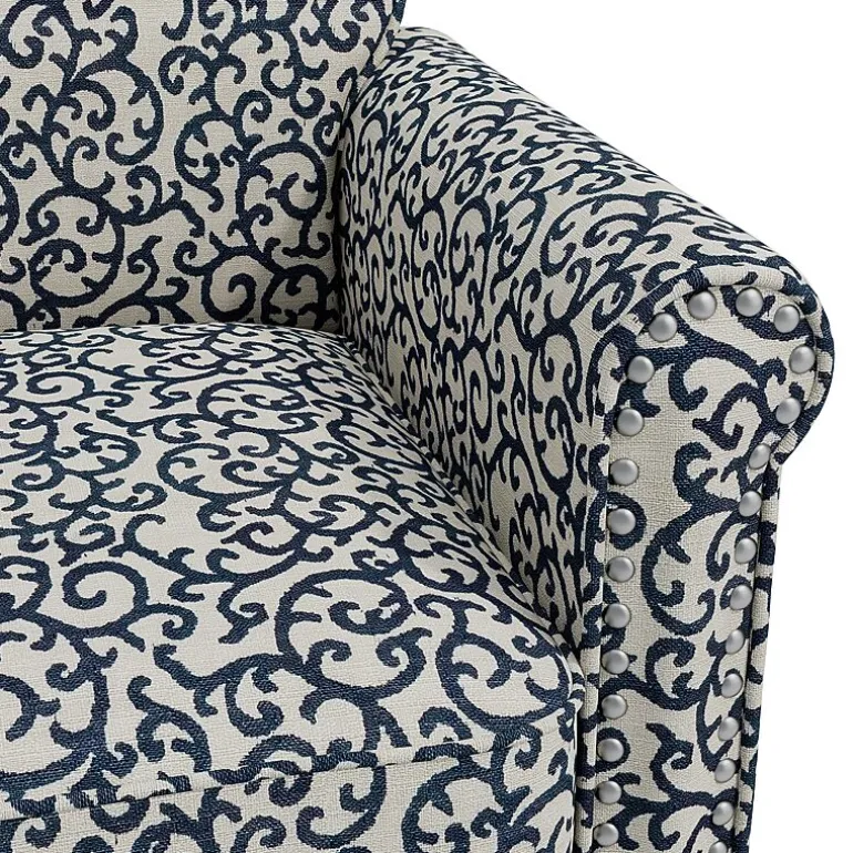 Jean Traditional Rolled Arm Accent Chair with Pewter Nailheads in Curly Vine Pattern
