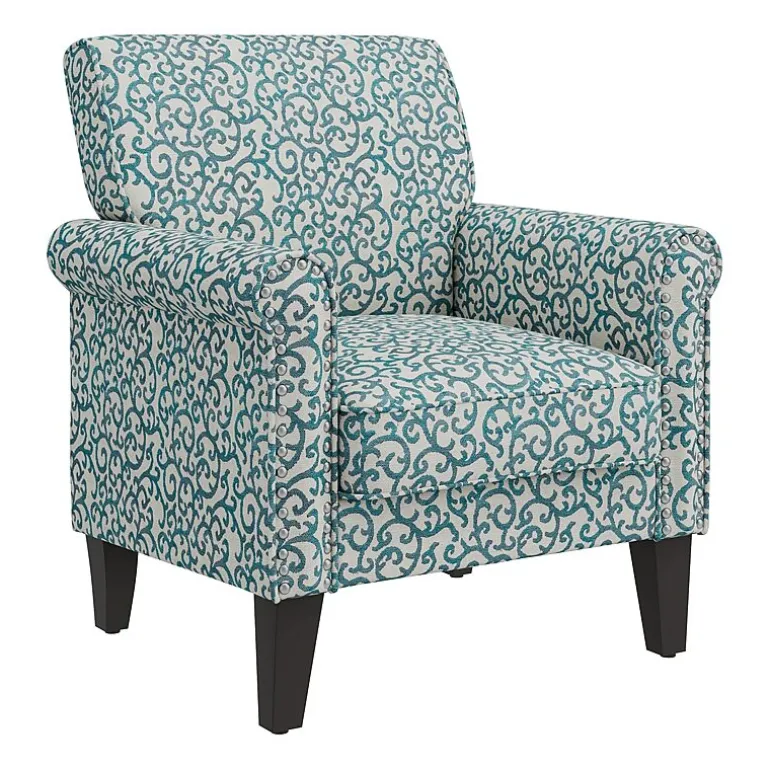 Jean Traditional Rolled Arm Accent Chair with Pewter Nailheads in Curly Vine Pattern