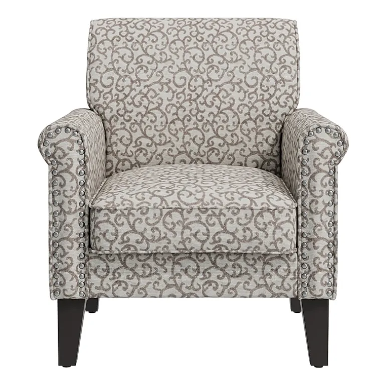 Jean Traditional Rolled Arm Accent Chair with Pewter Nailheads in Curly Vine Pattern