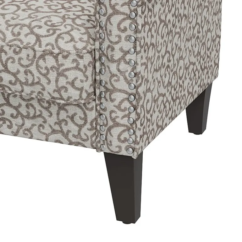 Jean Traditional Rolled Arm Accent Chair with Pewter Nailheads in Curly Vine Pattern