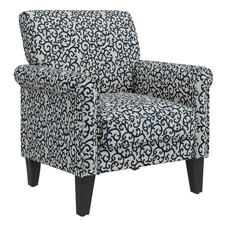 Jean Traditional Rolled Arm Accent Chair with Pewter Nailheads in Curly Vine Pattern