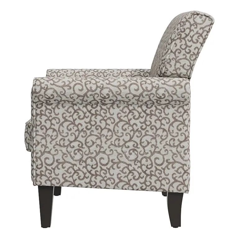 Jean Traditional Rolled Arm Accent Chair with Pewter Nailheads in Curly Vine Pattern