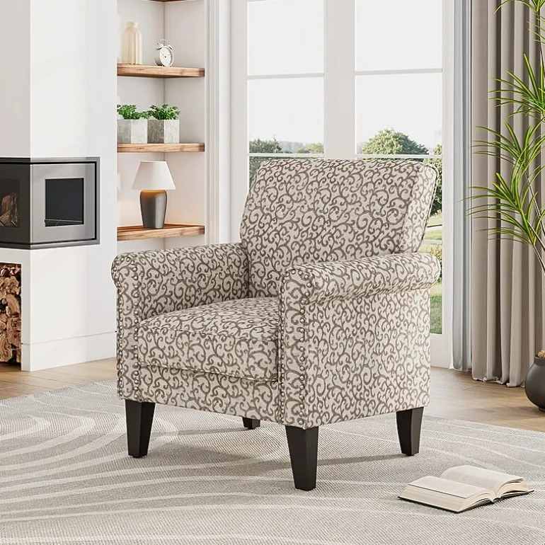 Jean Traditional Rolled Arm Accent Chair with Pewter Nailheads in Curly Vine Pattern