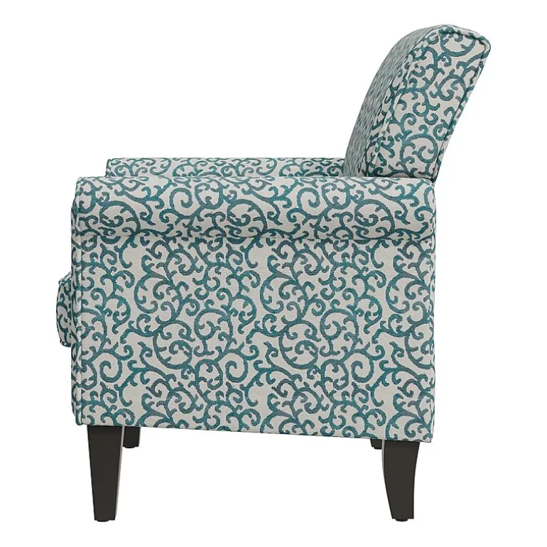 Jean Traditional Rolled Arm Accent Chair with Pewter Nailheads in Curly Vine Pattern