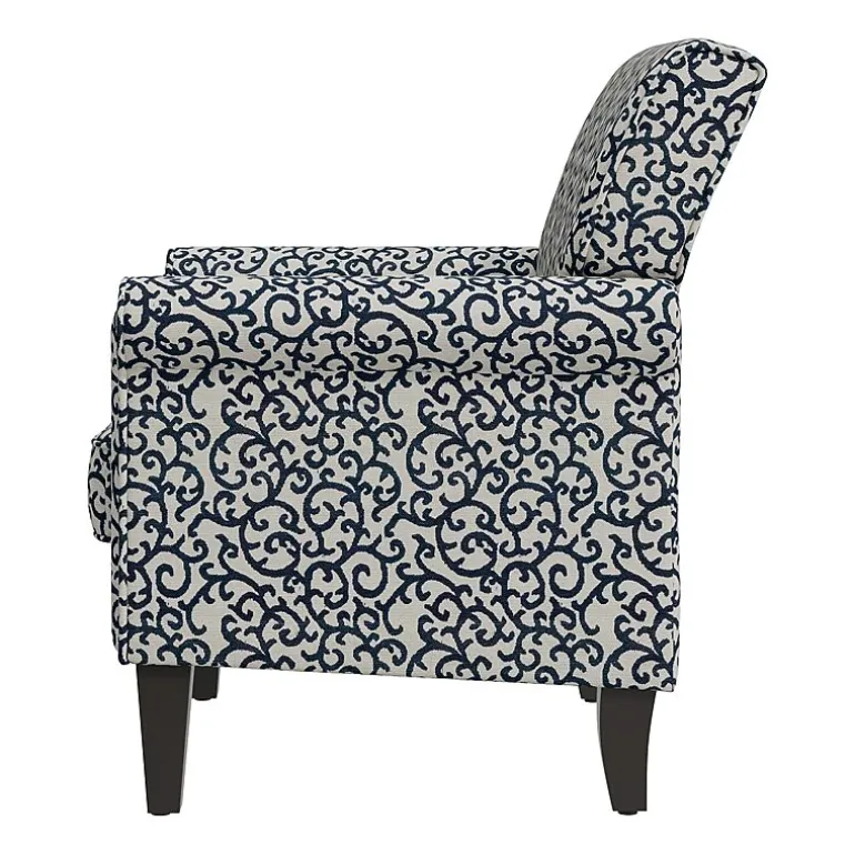 Jean Traditional Rolled Arm Accent Chair with Pewter Nailheads in Curly Vine Pattern