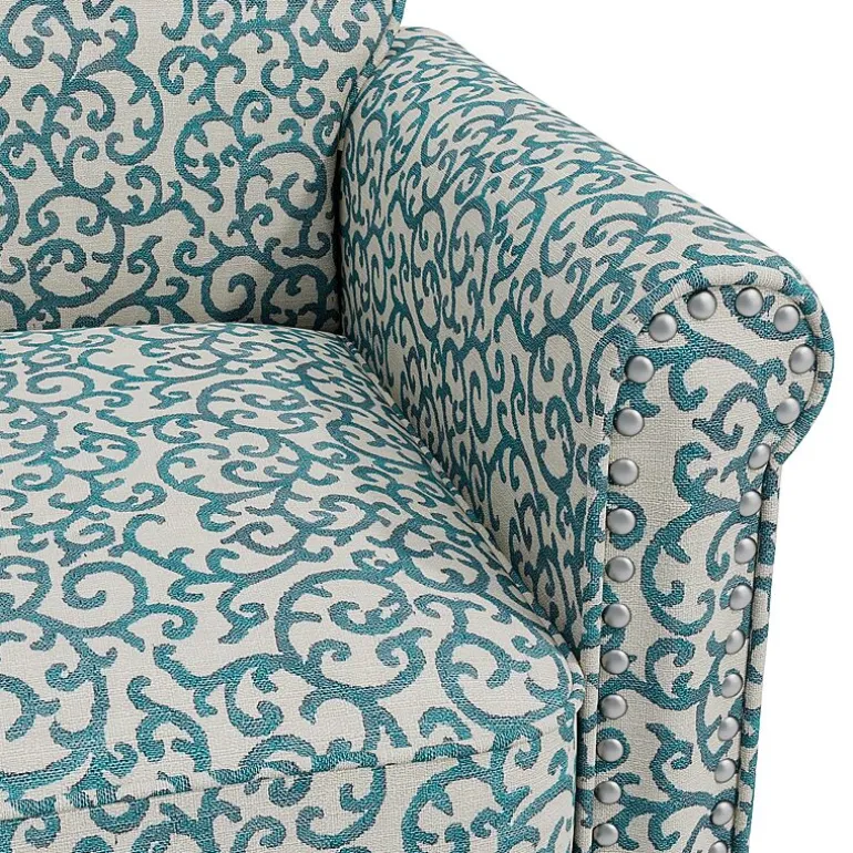 Jean Traditional Rolled Arm Accent Chair with Pewter Nailheads in Curly Vine Pattern