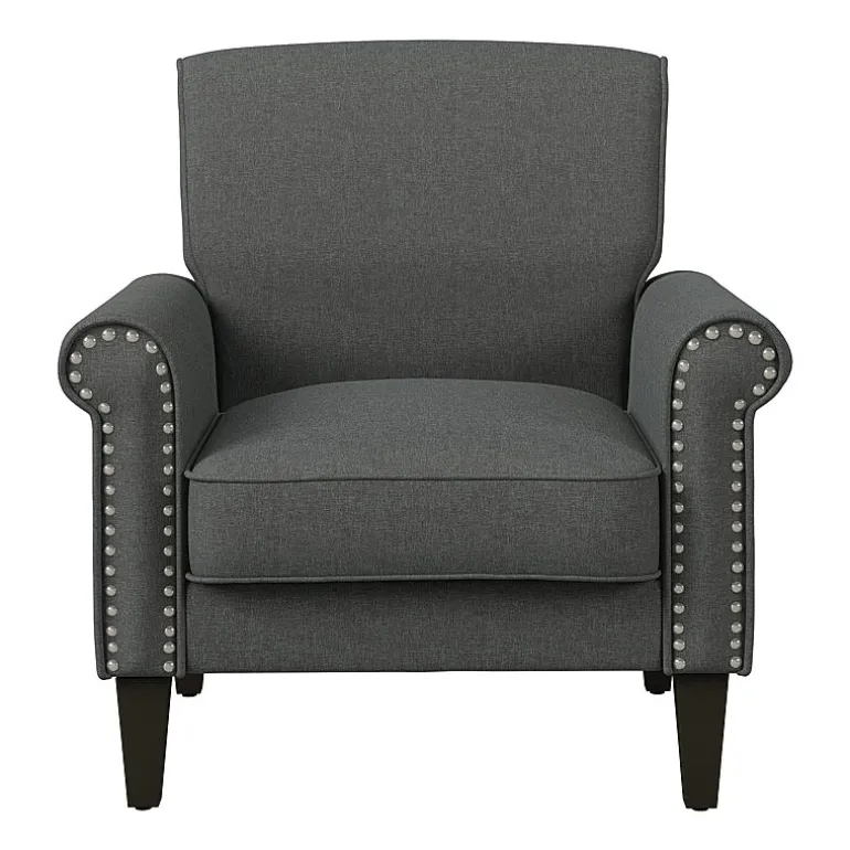 Jean Traditional Rolled Arm Accent Chair with Pewter Nailheads in Linen