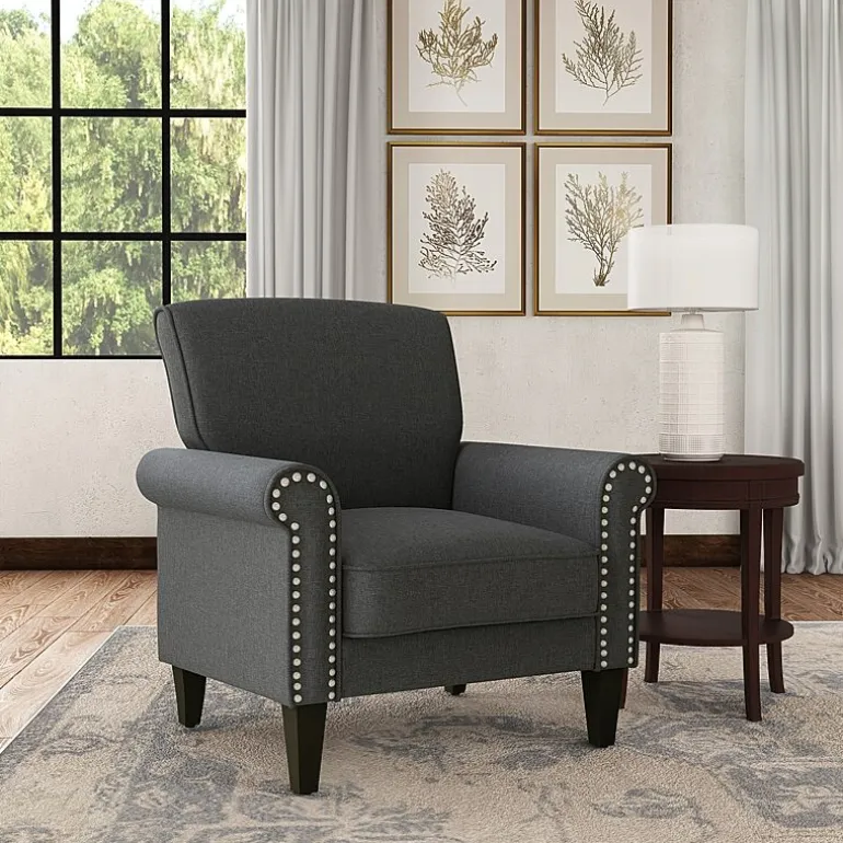 Jean Traditional Rolled Arm Accent Chair with Pewter Nailheads in Linen