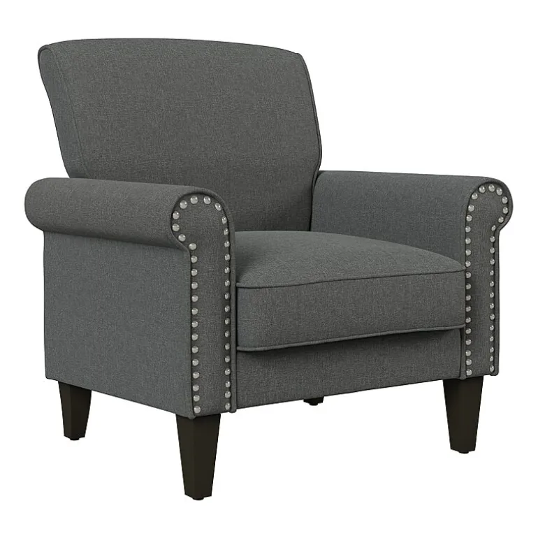 Jean Traditional Rolled Arm Accent Chair with Pewter Nailheads in Linen