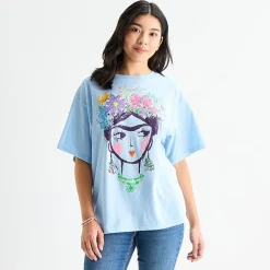 Jerry Leigh Frida Womens Juniors Crew Neck Short Sleeve Oversized Graphic T-Shirt