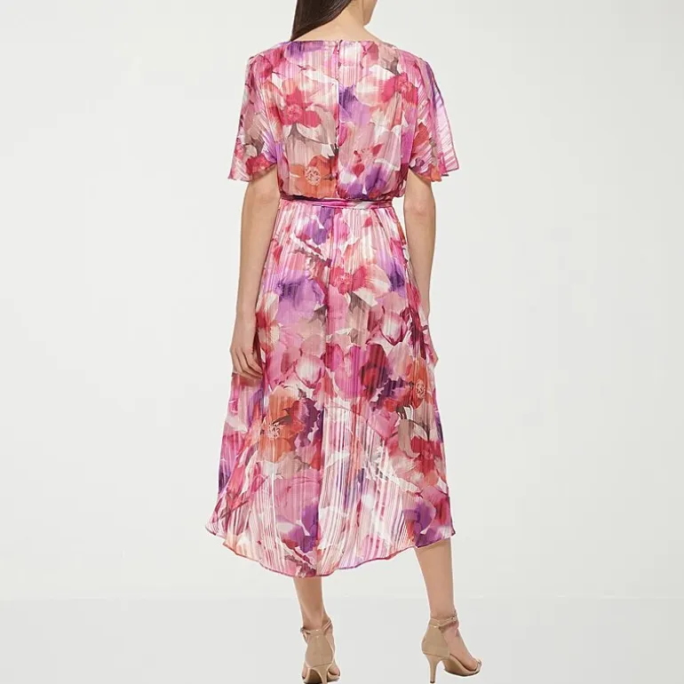 Jessica Howard Womens Petite High-Low Boat Neck Short Sleeve Flutter Floral Fit + Flare Dress