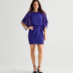 Jessica Howard Womens Petite Boat Neck 3/4 Sleeve Flutter Fit + Flare Dress