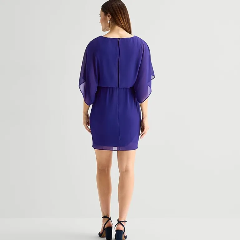 Jessica Howard Womens Petite Boat Neck 3/4 Sleeve Flutter Fit + Flare Dress