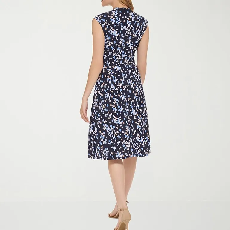 Jessica Howard Womens Petite Midi V Neck Sleeveless Floral Fit + Flare Dress