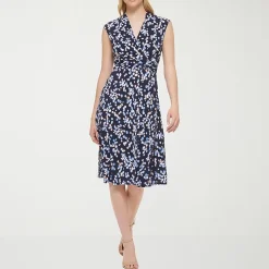 Jessica Howard Womens Petite Midi V Neck Sleeveless Floral Fit + Flare Dress